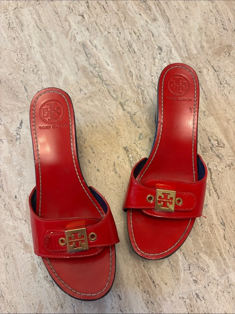 Tory Burch Red Patent Slide Mules with Gold Logo